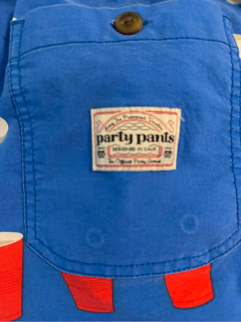 Men's Blue Party Print Swim Shorts with Red Cup Motif